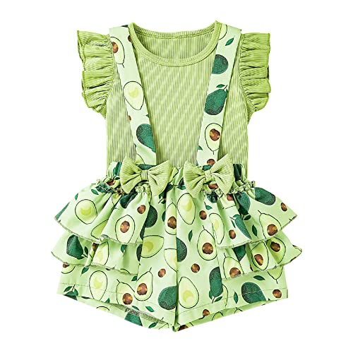 Winmany Pelele de verano con mangas de volantes para bebé niña Conjunto de top y pantalón corto Avocado Conjunto de pantalón suspendido con lazo verde para niña (2-3 años)