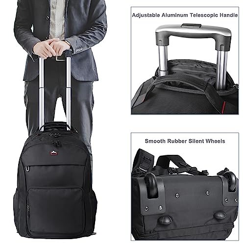 WIRABO Mochila con ruedas, 15,6 pulgadas, maleta de mano, portátil, bolsa de viaje con ruedas, mochila grande para hombre, trabajo, universidad, Negro