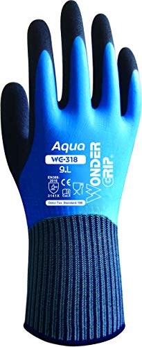 Wonder Grip WG-318 Aqua - Guante de trabajo Nylon y latex gloves, impermeables para un maximo agarre, hombre y mujer, jardineria talla M/ 8 azul con negro