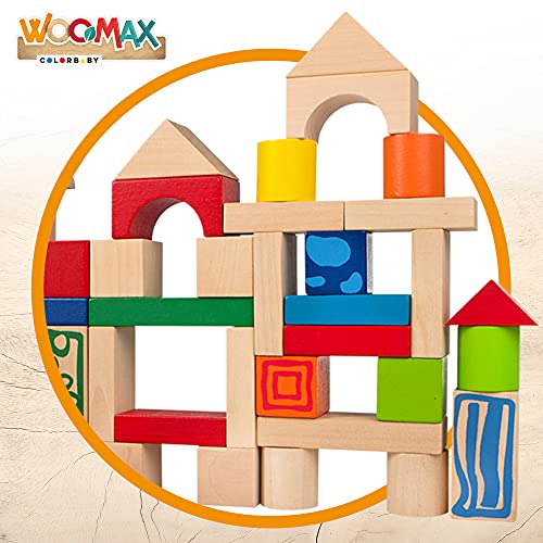 WOOMAX 40994 - Bloques construcción de madera, Rompecabezas para niños, Inlcuye 50 piezas, Juguete eductivo, Montessori, Juegos de construcción, A partir de 18 meses, Juguetes y regalos infantiles