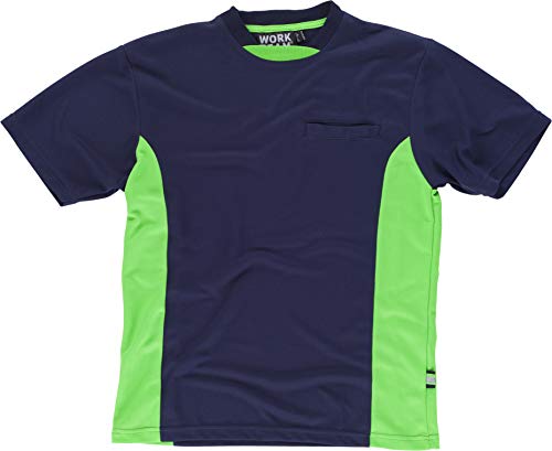 Work Team Camiseta Linea 6, Tipo Malla, Manga Corta, Bicolor. Hombre Marino+Verde Flúor M