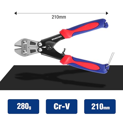 WORKPRO Mini cortador de pernos de 210 mm, cortador de cable de alambre Cr-V, cortaúñas de resorte con mango antideslizante suave