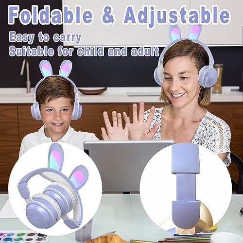 Woukksy 2023 Auriculares Bluetooth para Niños, Plegables Auriculares Inalámbricos para Niña con Micrófono Desmontable e Luces LED, con Limitador de Volumen de 85 dB para la Escuela/Viajes (Azul)