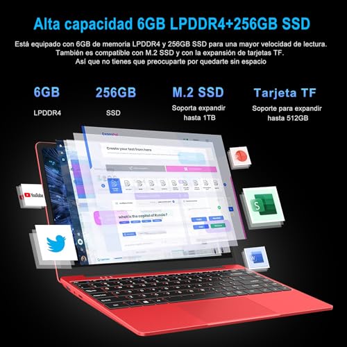WOZIFAN Ordenador Portátil Win 11 256GB SSD Intel N4020(hasta 2.8Ghz) 14" PC 1920x1080 FHD Dual WiFi BT 4.2 Soporta 1TB SSD Expansión con Ratón Inalámbrico para Trabajo-Estudio-Aprendizaje-Rojo