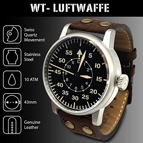WTI WORLD TIME INTERNATIONAL Reloj Militar Vintage de la Luftwaffe Edición Limitada - Maquinaria Suiza, Caja de Acero, Agujas Luminosas y Correa de Cuero