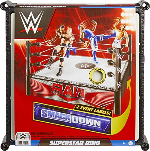 WWE Superstar Ring Campo de batalla para figuras de acción con cuerdas tensadas y colchoneta con muelles, con 2 decoraciones, juguete +6 años (HLN13)