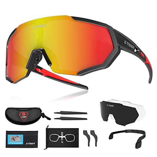 X-TIGER Gafas Ciclismo CE Certificación Polarizadas con 3 Lentes Intercambiables UV 400 Gafas,Corriendo,Moto MTB Bicicleta Montaña,Camping y Actividades al aire libre para Hombres y Mujeres TR-90