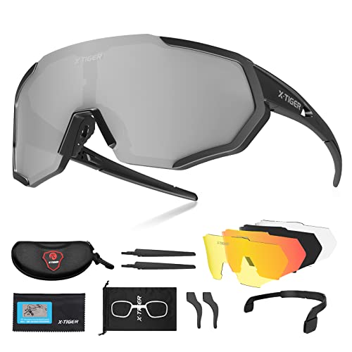 X-TIGER Gafas Ciclismo CE Certificación Polarizadas con 5 Lentes Intercambiables UV 400 Gafas,Corriendo,Moto MTB Bicicleta,Camping y Actividades al Aire Libre para Hombres y Mujeres TR-90