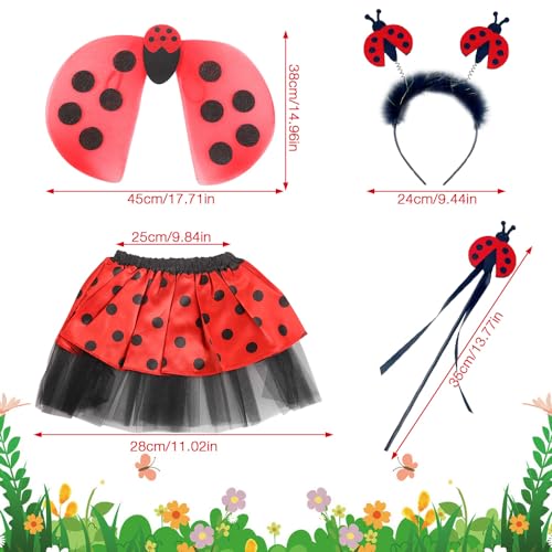 XEERUN Disfraz de mariquita, 4 piezas, disfraz de Ladybug para niña, falda de tul, alas, varita mágica y diadema para carnaval, cumpleaños, fiesta para vestido de ladybug para niños