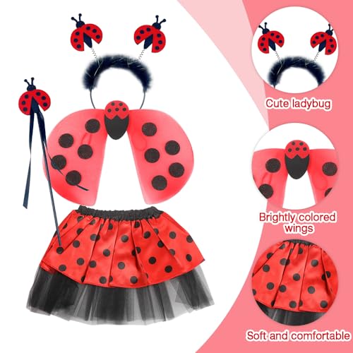 XEERUN Disfraz de mariquita, 4 piezas, disfraz de Ladybug para niña, falda de tul, alas, varita mágica y diadema para carnaval, cumpleaños, fiesta para vestido de ladybug para niños
