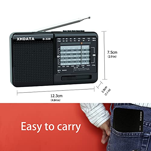 XHDATA D-328 Radio Portatil Pequeña Mini Portatil Radio Am FM SW con Reproductor de Tarjeta SD MP3 Transistores Radio Bateria Recargable Negro