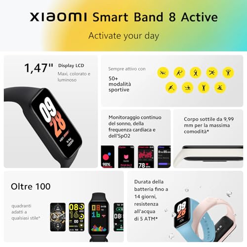 Xiaomi Smart Band 8 Active, Smartwatch con Pantalla LCD de 1.47", GPS, 50 Modos Deportivos, Frecuencia Cardíaca, Sueño, SpO2, 5 ATM, hasta 14 días de Batería, Negro