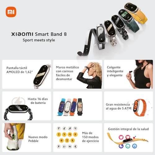 Xiaomi Smart Band 8 - Pulsera de Actividad, Autonomía de hasta 16 días, Pantalla AMOLED con Tasa de refresco de 60 Hz, 5 ATM, 150 Modos Deportivos, Blanco (Versión ES)