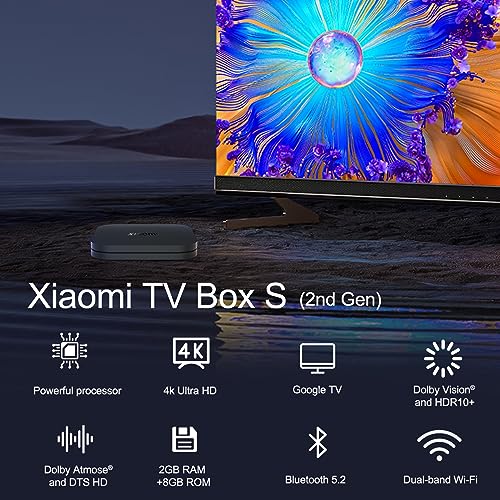 Xiaomi TV Box S (2nd Gen), Ultra 4K HD Streaming Media Player 2GB RAM+8GB ROM Smart TV Box, Soporta Google TV, Dolby Vision, HDR10+, Dolby Atmos, Sonido de DTS-HD, Wireless Projection, Dualband-WLAN