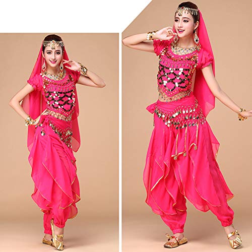Xinvivion Mujer Danza del Vientre Set - Halloween Carnaval Ropa de Baile Danza India Disfraz Dancewear (Rosa roja,Ajuste 35-45 KG)