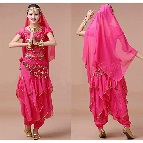 Xinvivion Mujer Danza del Vientre Set - Halloween Carnaval Ropa de Baile Danza India Disfraz Dancewear (Rosa roja,Ajuste 35-45 KG)