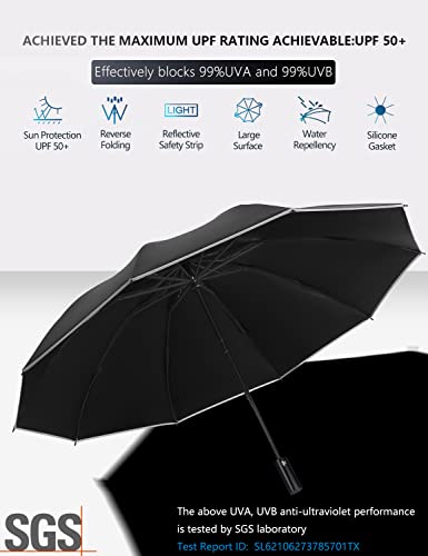 XIXVON Paraguas Pro (10 Varillas, Negro) | UPF 50+ 99% De ProteccióN UV, Banda De Seguridad Reflectante, Resistente Al Viento, PortáTil, AutomáTico | Paraguas Plegable Inverso