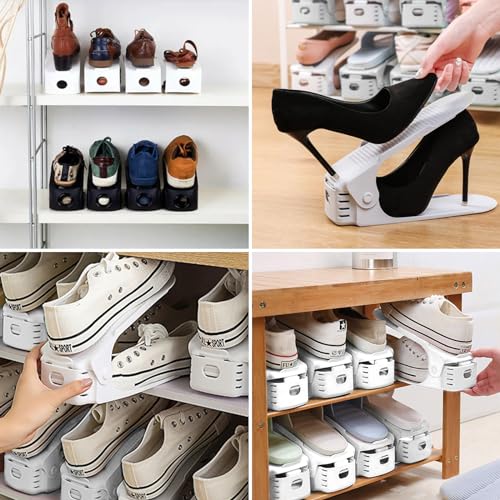 XiYee Organizadores de Zapatos, 20Pcs Soporte de Calzado de Altura Ajustable para Zapatos para Organización de Armario, Adecuada para Mujeres y Hombres, Ahorra Espacio (Blanco)