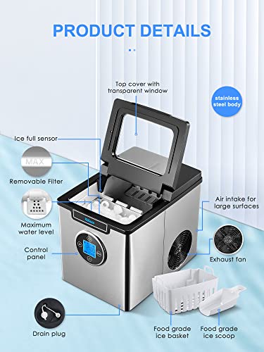 Yabano Máquina de cubitos de hielo, 14 kg, 3 tamaños de cubitos de hielo, 5 minutos de producción de Ice Maker, Pantalla LCD inteligente, 2,3 litros, sin BPA