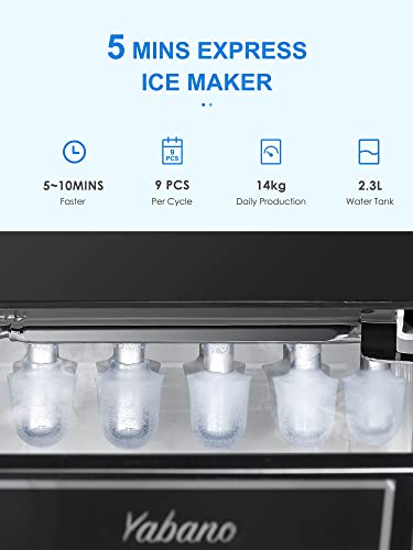 Yabano Máquina de cubitos de hielo, 14 kg, 3 tamaños de cubitos de hielo, 5 minutos de producción de Ice Maker, Pantalla LCD inteligente, 2,3 litros, sin BPA