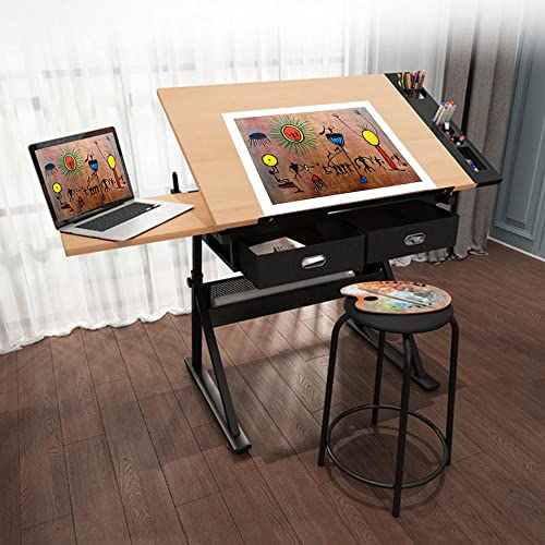 Yaheetech Mesa de Dibujo con Taburetes Mesa Inclinable Madera Mesa Escritorio Altura Ajustable para Oficina Casa 120.5x60x（65-90.5 cm