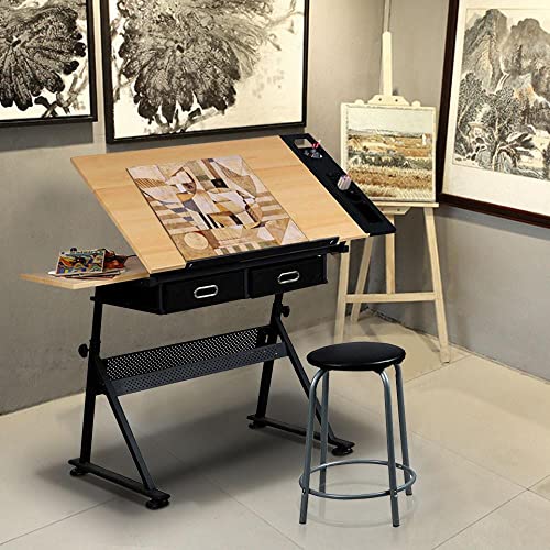 Yaheetech Mesa de Dibujo con Taburetes Mesa Inclinable Madera Mesa Escritorio Altura Ajustable para Oficina Casa 120.5x60x（65-90.5 cm