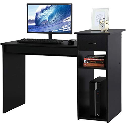 Yaheetech Mesa de Ordenador con Cajon 107,5x50x82cm Escritorio para Oficina con Estantería Escritorio Estilo Moderno para Computadora Negro Brillo Gran Capacidad de Almacenaje,