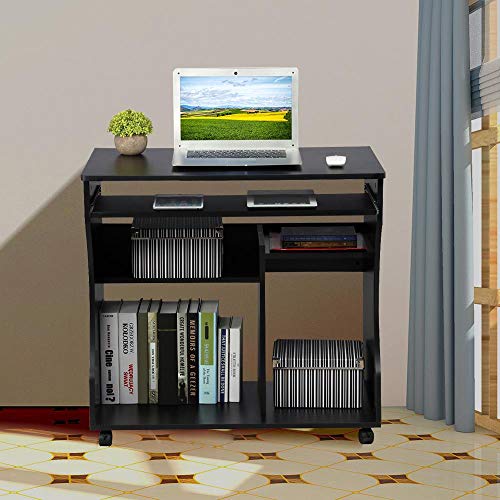 Yaheetech Mesa Escritorio con Ruedas Mesa de Oficina con Bandeja Extraíble Blanca 80x48x76 cm Escritorio Ordenador ​con Cajones para PC Impresora Despacho Estudio Negro