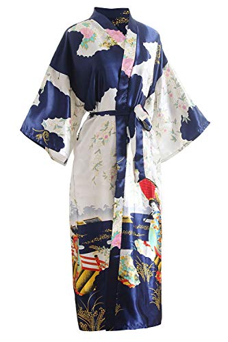 YAOMEI Novia Mujer Vestido Kimono Satén, Camisón para Mujer, Sedoso Flores de Geisha Robe Albornoz Dama de Honor Ropa de Dormir Pijama, S-2XL (Busto: 126cm, de S a 2XL., Azul)