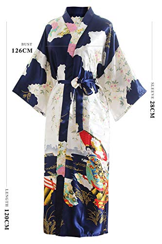 YAOMEI Novia Mujer Vestido Kimono Satén, Camisón para Mujer, Sedoso Flores de Geisha Robe Albornoz Dama de Honor Ropa de Dormir Pijama, S-2XL (Busto: 126cm, de S a 2XL., Azul)
