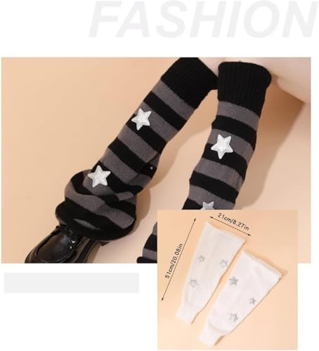 Yeooa Calentadores Hip Hop Punk para Mujer Calcetines largos de punto con estampado de estrellas para chicas adolescentes Y2k Fashion Harajuku Kawaii Warm Socks College Style (Negro Gris,Un tamaño)