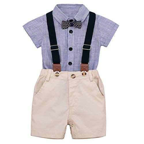 Yixius Trajes de caballero para bebé, de manga corta, con tirantes, pantalones de corbata, conjuntos de ropa de verano (6-9 meses, Rayas Azules)