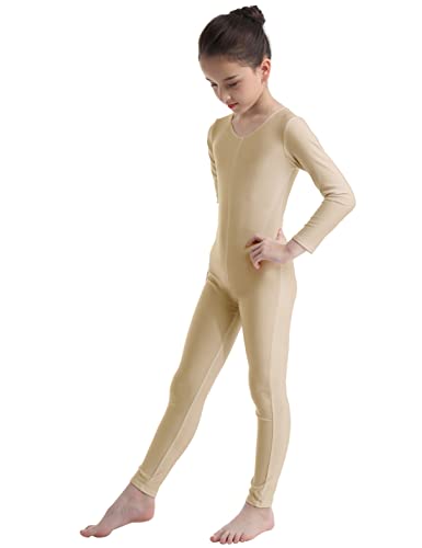 YiZYiF Maillot Largo Body Completo para Niñas Maillot Gimnasia Rítmica Manga Larga Body Entero Mono Danza Yoga Leotardo Ballet Traje Bailarina 5-12 Años Beige 8-10 años