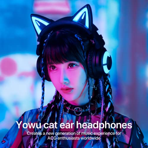 YOWU Auriculares de Oreja de Gato RGB 3G, Auriculares para Juegos con Sonido Envolvente 7.1, micrófono Integrado e iluminación Personalizable y Efecto a través de la aplicación, Cable Tipo C, Negro