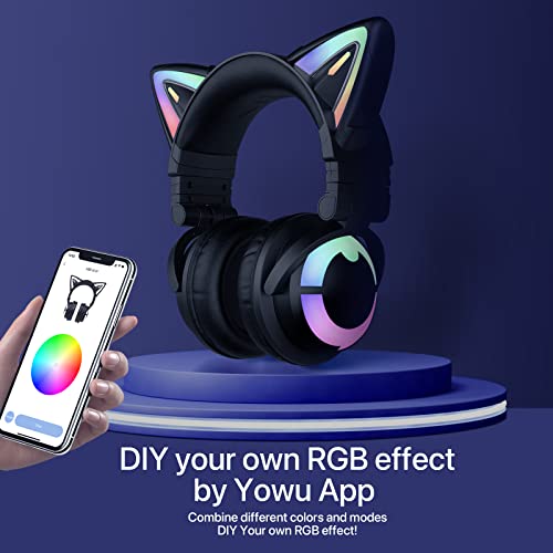 YOWU Auriculares de Oreja de Gato RGB 3G, Auriculares para Juegos con Sonido Envolvente 7.1, micrófono Integrado e iluminación Personalizable y Efecto a través de la aplicación, Cable Tipo C, Negro