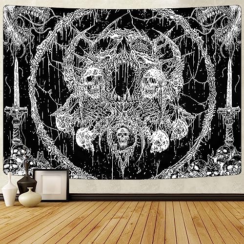 Yrendenge Tapiz de pared de calavera, calavera humana, tapiz en blanco y negro, estilo estético, hippie, gótico, tapiz, dormitorio, decoración del hogar, 210 x 150 cm