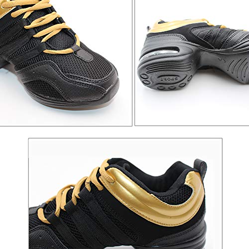 Yudesun Mujer Zapatos Aire Libre Deportes Danza - Mujeres Lona Cordones Suela de Goma Zapatillas Practicidad Running Sneaker Jazz Contemporáneo Baile Informal Oro Negro (Los Zapatos Son más pequeños)