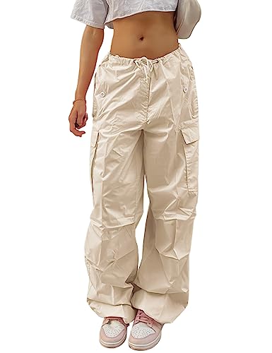 Yuson Girl Pantalones Cargo Mujer Y2K Parachute Pants Vintage Streetwear Pantalon Chandal Algodón Hip Hop Baggy Pantalones Sueltos Cintura Baja Pantalon Largos con Bolsillos,Cordón(Almendra, M)