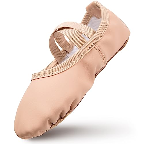 Zapatillas de ballet para niña, de piel, forro de algodón grueso, suela de piel completa, zapatos de danza, correas precosidas, zapatillas de ballet, zapatos de ballet, color rosa, talla 35, Ballet
