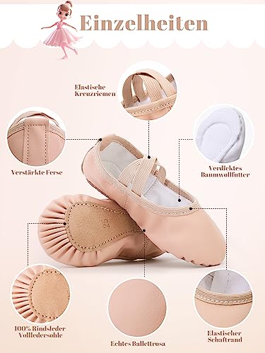 Zapatillas de ballet para niña, de piel, forro de algodón grueso, suela de piel completa, zapatos de danza, correas precosidas, zapatillas de ballet, Ballet Rosa, 33 EU
