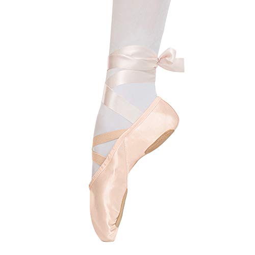 Zapatillas de Ballet Suela Partida Satín Zapatos de Danza y Gimnasia con Cinta para Niñas y Adultos 30 EU