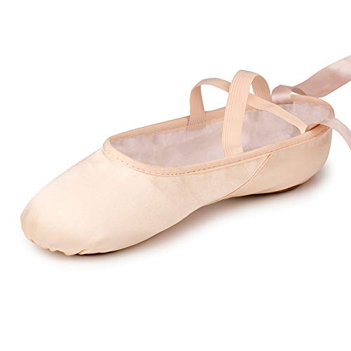 Zapatillas de Ballet Suela Partida Satín Zapatos de Danza y Gimnasia con Cinta para Niñas y Adultos 30 EU