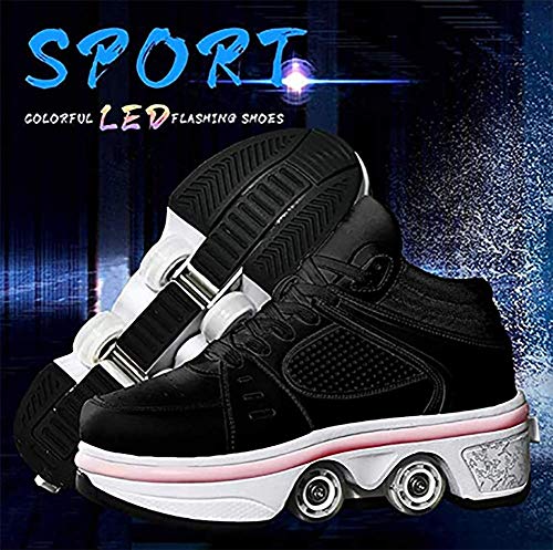 Zapatos con Ruedas para Niños Y Niña, Zapatos Multiusos 2 En 1 Patines Zapatillas Deportes Al Aire Libre De Deporte,Black with Light,37