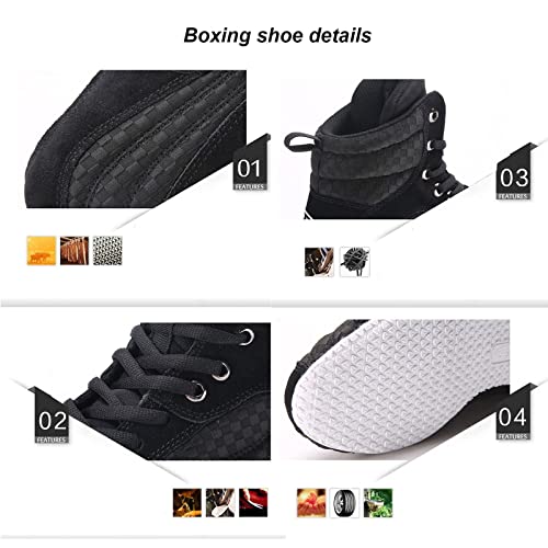 Zapatos de Lucha de Combate Botas de Boxeo Suela de Goma Maestro de Lucha Ligera Cordones Completos de Malla de Cuero Zapatillas Deportivas de Entrenamiento de Combate para Hombres,Black-38EU