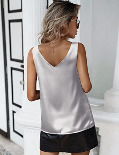 Zeagoo Blusa de satén sin mangas para mujer, camiseta básica de verano, informal, cuello en V, blusas, gris, XL