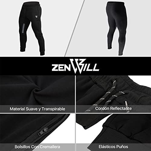 ZENWILL Cremallera Gym Jogger, Pantalon Deporte Malla Transpirable Fitness Hombre(Negro,L)