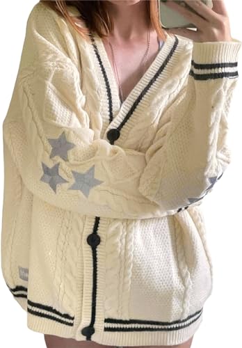 Zetieny Cárdigan Mujer Jersey de Punto con Cuello en V Estampado Estrella Manga Larga Suéter Pullover con Botones Suelto Casual