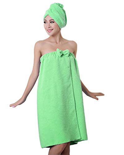 ZiXing Sombrero cabello seco y toalla de baño, la falda pareo suave con velcro y toalla de pelo Abrigo de algodón orgánico verde OneSize