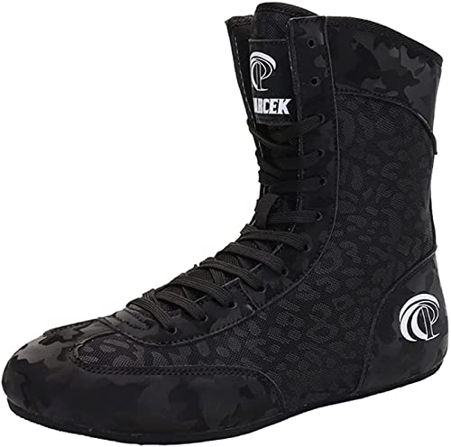 ZKHD Calzado Boxeo Caña Alta para Hombre Zapatillas De Lucha Libre Transpirables Botas De Boxeo Antideslizantes Ligeras para Mujer Niño,Black-10.5UK
