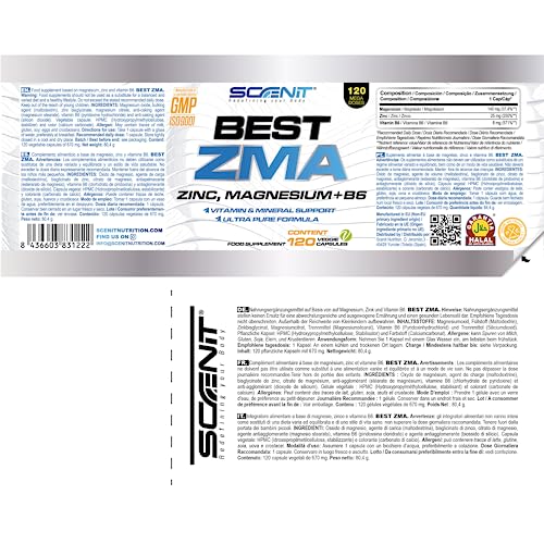 ZMA Magnesio, Zinc y Vitamina B6 - BEST ZMA - 120 cápsulas veganas - Bisglicinato de Zinc - Citrato de Magnesio